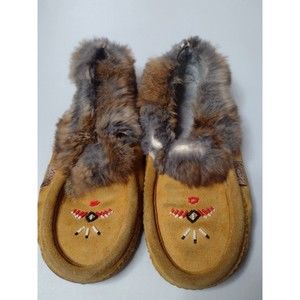 Laurentian Chief Moccasin Suede Rabbit Fur Fleece Lined Slipper Size 8 Tan B11